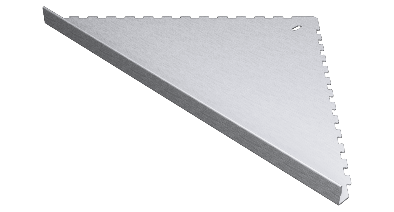 in die Fliesenfuge einschiebbare Duschablage aus Edelstahl geschliffen. Stärke 1 mm. Befliesbar mit Aufkantung 11 mm. Sicht seitlich von vorne rechts.