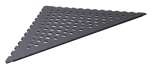 in die Fliesenfuge einschiebbare Duschablage aus Edelstahl anthrazitfarben. Stärke 1 mm. Design mit eckigen Löchern, unregelmäßig angeordnet. Sicht seitlich von vorne.