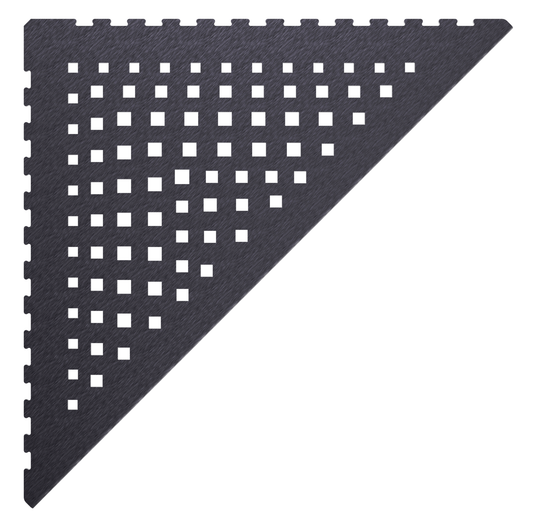 in die Fliesenfuge einschiebbare Duschablage aus Edelstahl anthrazitfarben. Stärke 1 mm. Design mit eckigen Löchern, unregelmäßig angeordnet. Sicht von Oben.