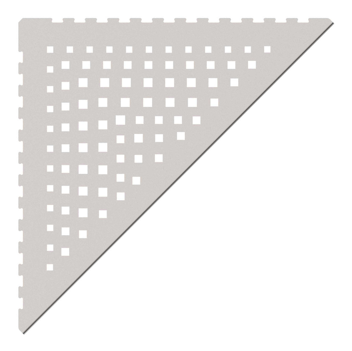 in die Fliesenfuge einschiebbare Duschablage aus Edelstahl anthrazitfarben. Stärke 1 mm. Design mit eckigen Löchern, unregelmäßig angeordnet. Sicht von Oben.