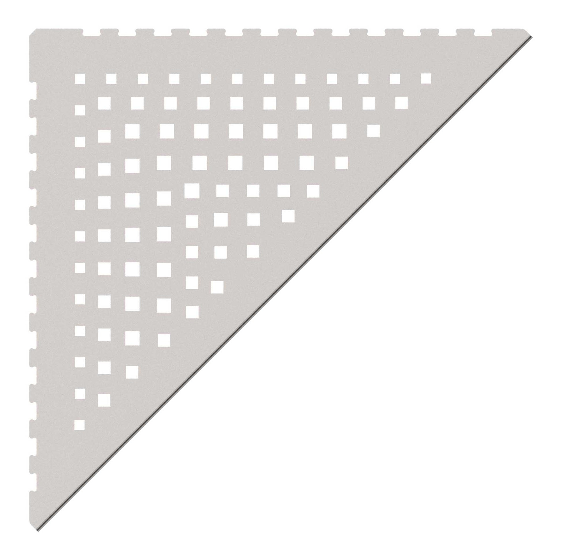 in die Fliesenfuge einschiebbare Duschablage aus Edelstahl anthrazitfarben. Stärke 1 mm. Design mit eckigen Löchern, unregelmäßig angeordnet. Sicht von Oben.