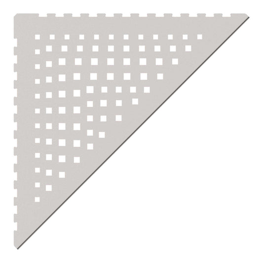 in die Fliesenfuge einschiebbare Duschablage aus Edelstahl anthrazitfarben. Stärke 1 mm. Design mit eckigen Löchern, unregelmäßig angeordnet. Sicht von Oben.
