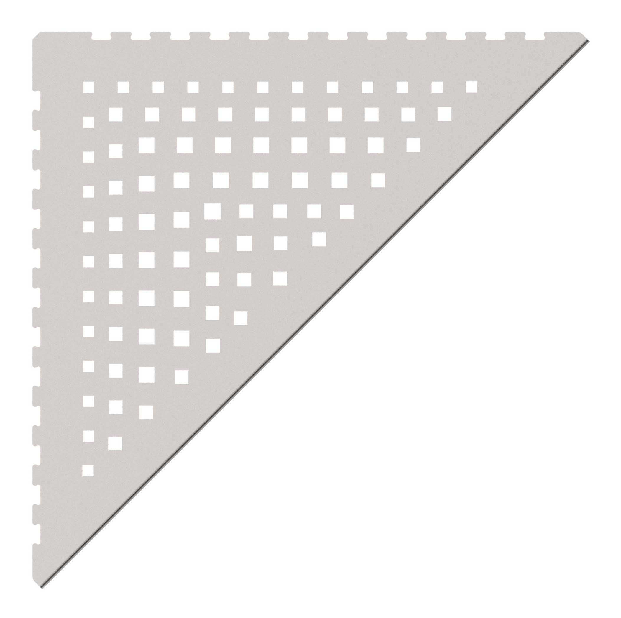 in die Fliesenfuge einschiebbare Duschablage aus Edelstahl anthrazitfarben. Stärke 1 mm. Design mit eckigen Löchern, unregelmäßig angeordnet. Sicht von Oben.