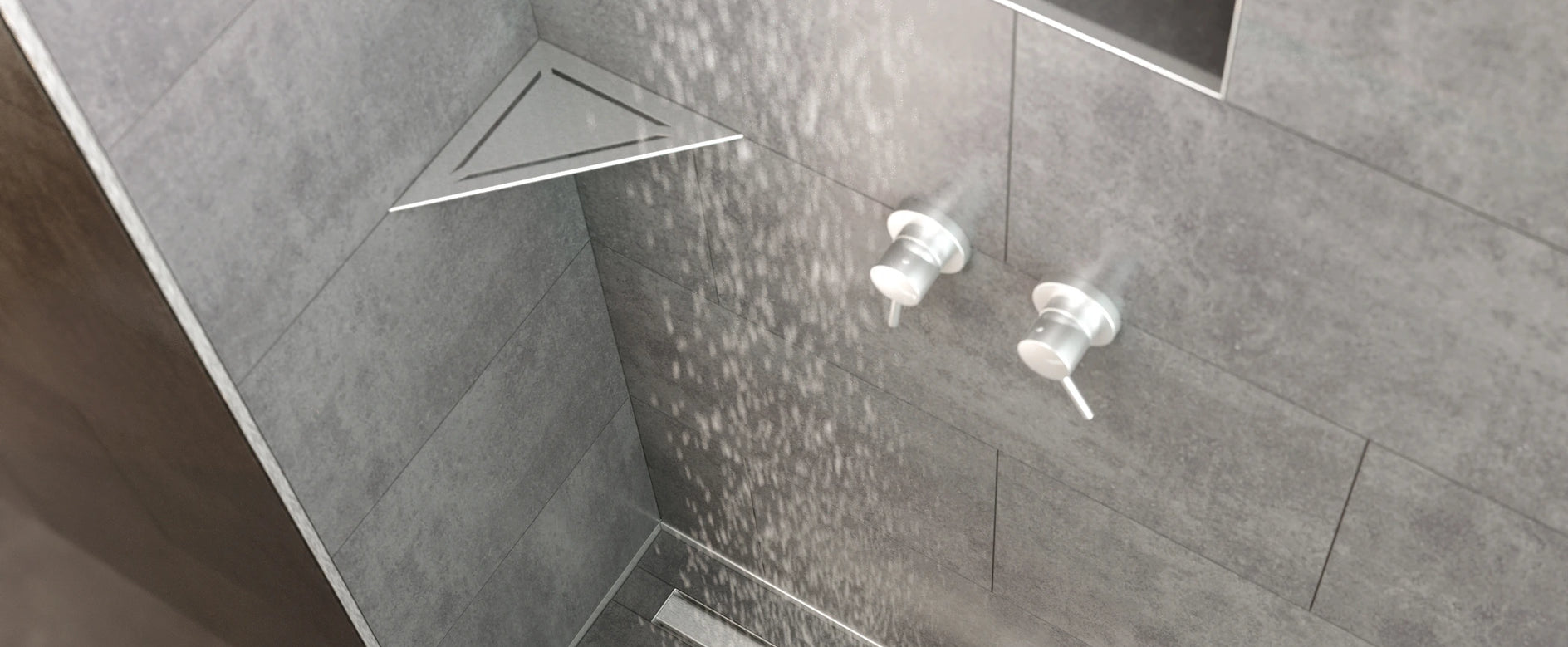 Bild einer Dusche mit eingebauter Duschablage Nova und Duschrinne Artstream.