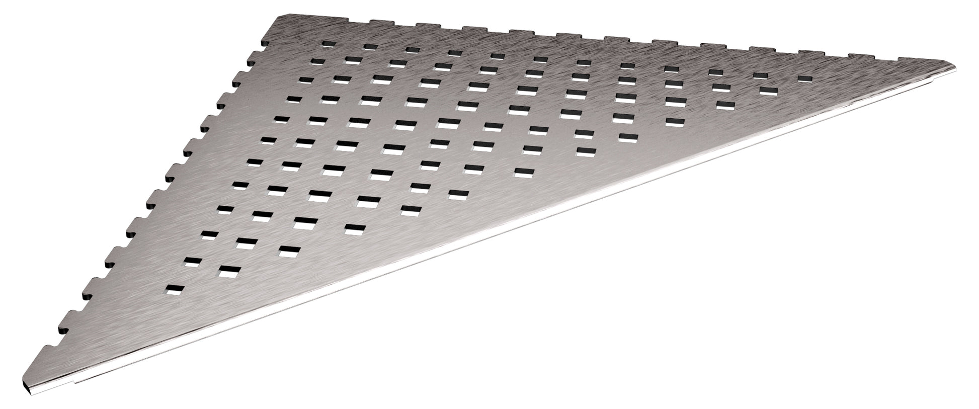 in die Fliesenfuge einschiebbare Duschablage aus Edelstahl geschliffen. Stärke 1 mm. Design mit eckigen Löchern, unregelmäßig angeordnet. Sicht seitlich von vorne.