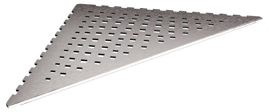 in die Fliesenfuge einschiebbare Duschablage aus Edelstahl geschliffen. Stärke 1 mm. Design mit eckigen Löchern, unregelmäßig angeordnet. Sicht seitlich von vorne.