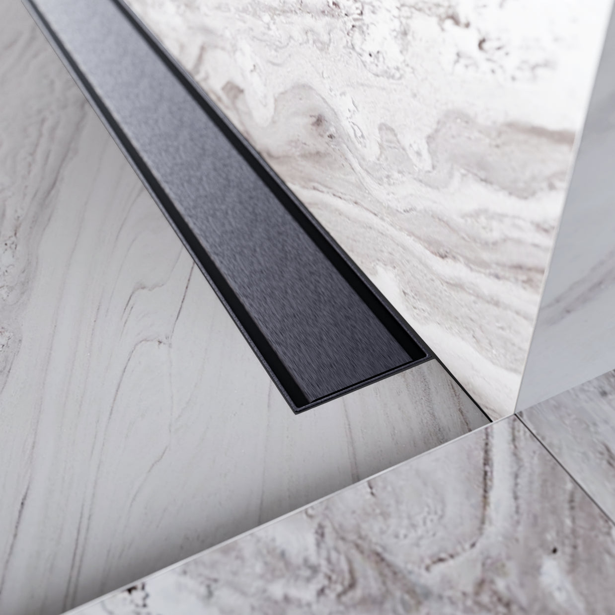 Nahaufnahme der anthrazit geschliffenen Edelstahl-Oberfläche der ARTstream Duschrinne, langlebig und pflegeleicht