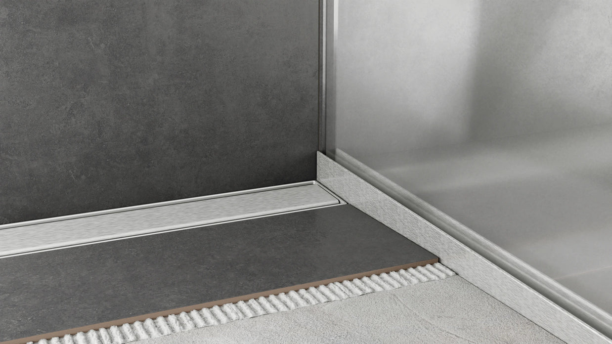 Glasaufnahmeprofil aus Edelstahl mit eingesetzter 10–12-mm-Glaswand, Walk-in-Montage