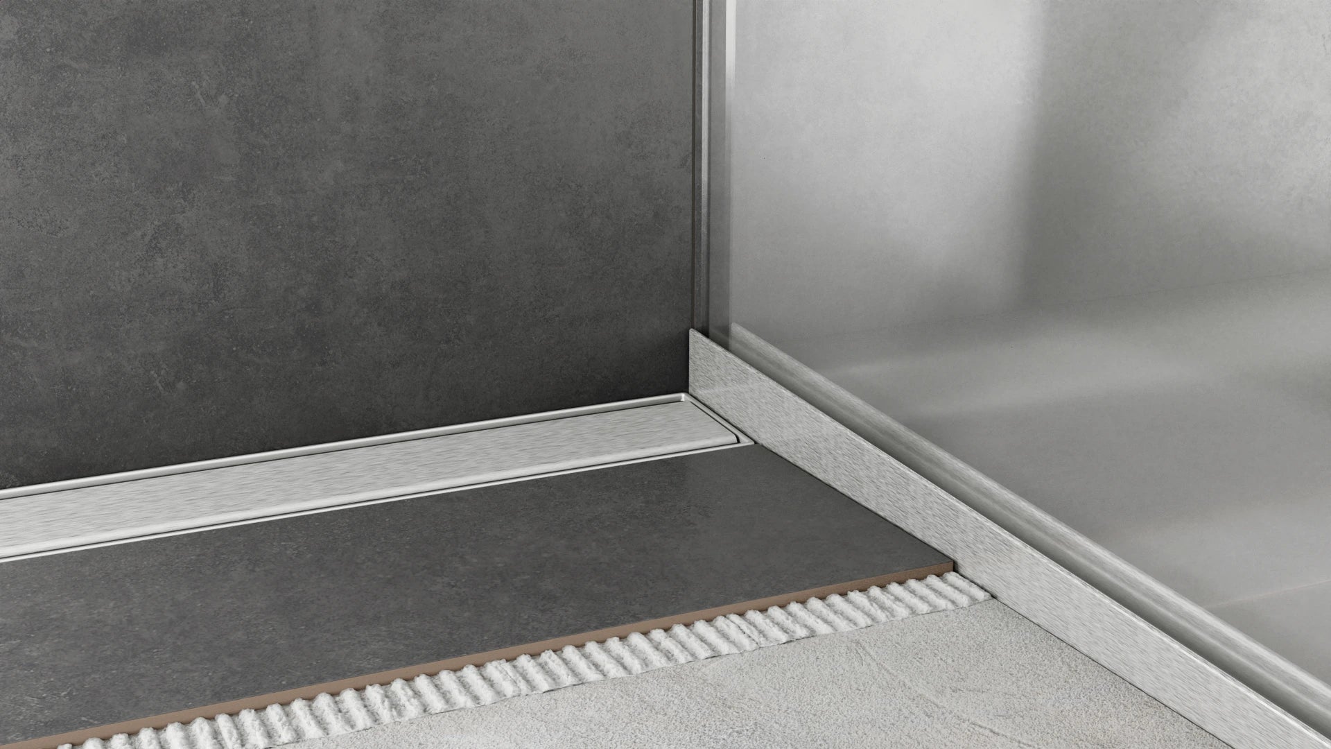 Glasaufnahmeprofil aus Edelstahl mit eingesetzter 10–12-mm-Glaswand, Walk-in-Montage