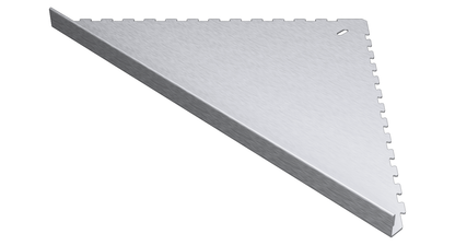 in die Fliesenfuge einschiebbare Duschablage aus Edelstahl geschliffen. Stärke 1 mm. Befliesbar mit Aufkantung 11 mm. Sicht seitlich von vorne rechts.