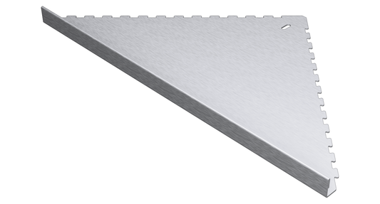 in die Fliesenfuge einschiebbare Duschablage aus Edelstahl geschliffen. Stärke 1 mm. Befliesbar mit Aufkantung 11 mm. Sicht seitlich von vorne rechts.