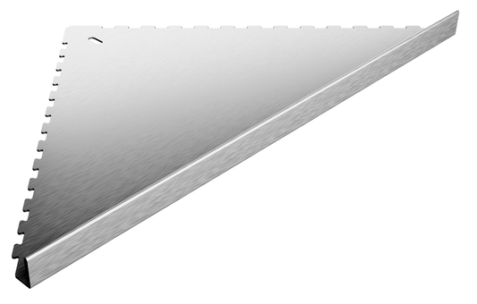 in die Fliesenfuge einschiebbare Duschablage aus Edelstahl geschliffen. Stärke 1 mm. Befliesbar mit Aufkantung 11 mm. Sicht seitlich von vorne links.