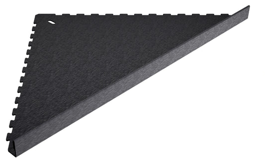 Duschablage Natura für in die Fliesenfuge einschiebbare Duschablage aus Edelstahl anthrazit geschliffen. Stärke 1 mm. Befliesbar mit Aufkantung 11 mm. Sicht seitlich von vorne rechts.