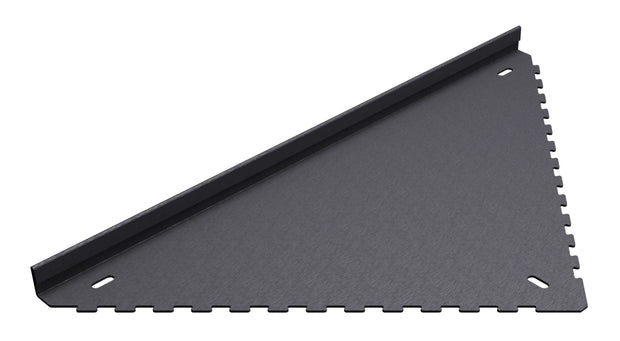 Duschablage Natura für in die Fliesenfuge einschiebbare Duschablage aus Edelstahl anthrazit geschliffen. Stärke 1 mm. Befliesbar mit Aufkantung 11 mm. Sicht seitlich von hinten links.
