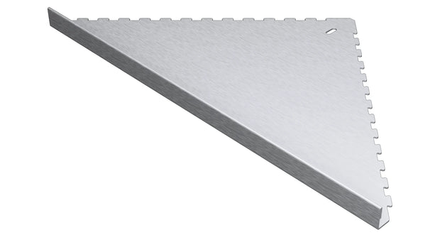 Duschablage Natura für in die Fliesenfuge einschiebbare Duschablage aus Edelstahl geschliffen. Stärke 1 mm. Befliesbar mit Aufkantung 11 mm. Sicht seitlich von vorne links.