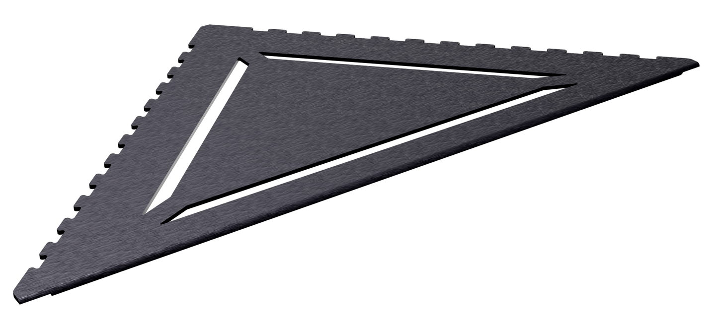 in die Fliesenfuge einschiebbare Duschablage aus Edelstahl anthrazitfarben. Stärke 1 mm. Design mit dreieckig angeordneten Schlitzen. Sicht seitlich von links.