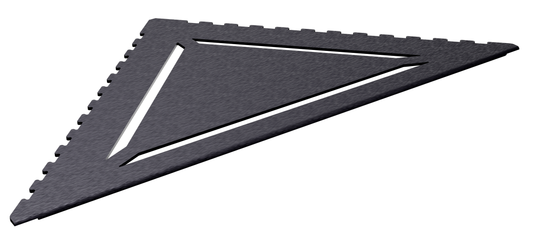 in die Fliesenfuge einschiebbare Duschablage aus Edelstahl anthrazitfarben. Stärke 1 mm. Design mit dreieckig angeordneten Schlitzen. Sicht seitlich von links.