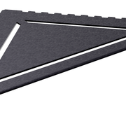 in die Fliesenfuge einschiebbare Duschablage aus Edelstahl anthrazitfarben. Stärke 1 mm. Design mit dreieckig angeordneten Schlitzen. Sicht seitlich von links.