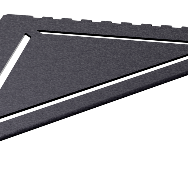 in die Fliesenfuge einschiebbare Duschablage aus Edelstahl anthrazitfarben. Stärke 1 mm. Design mit dreieckig angeordneten Schlitzen. Sicht seitlich von links.