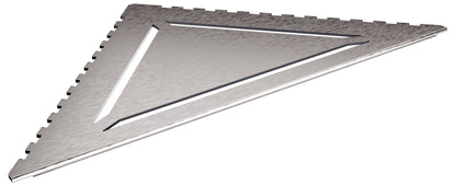 in die Fliesenfuge einschiebbare Duschablage aus Edelstahl geschliffen. Stärke 1 mm. Design mit dreieckig angeordneten Schlitzen. Sicht seitlich von links.