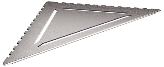 in die Fliesenfuge einschiebbare Duschablage aus Edelstahl geschliffen. Stärke 1 mm. Design mit dreieckig angeordneten Schlitzen. Sicht seitlich von links.