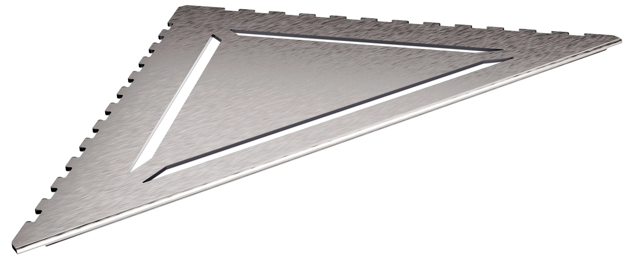 in die Fliesenfuge einschiebbare Duschablage Nova aus Edelstahl geschliffen. Stärke 1 mm. Design mit dreieckig angeordneten Schlitzen. Sicht seitlich von links.