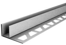 U-Glasträgerprofil in der Oberfläche Edelstahl geschliffen. Rückansicht mit gelochtem Schenkel.