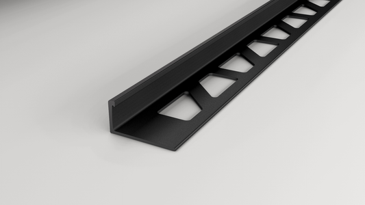 Aluminium-Fliesenprofil in L-Form in der Oberfläche schwarz pulverbeschichtet mit gestanztem Schenkel.