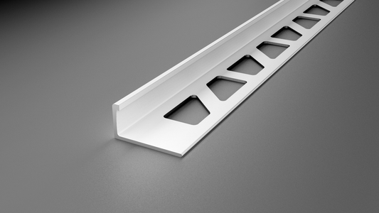 Aluminium-Fliesenprofil in L-Form in der Oberfläche weiß pulverbeschichtet mit gestanztem Schenkel.