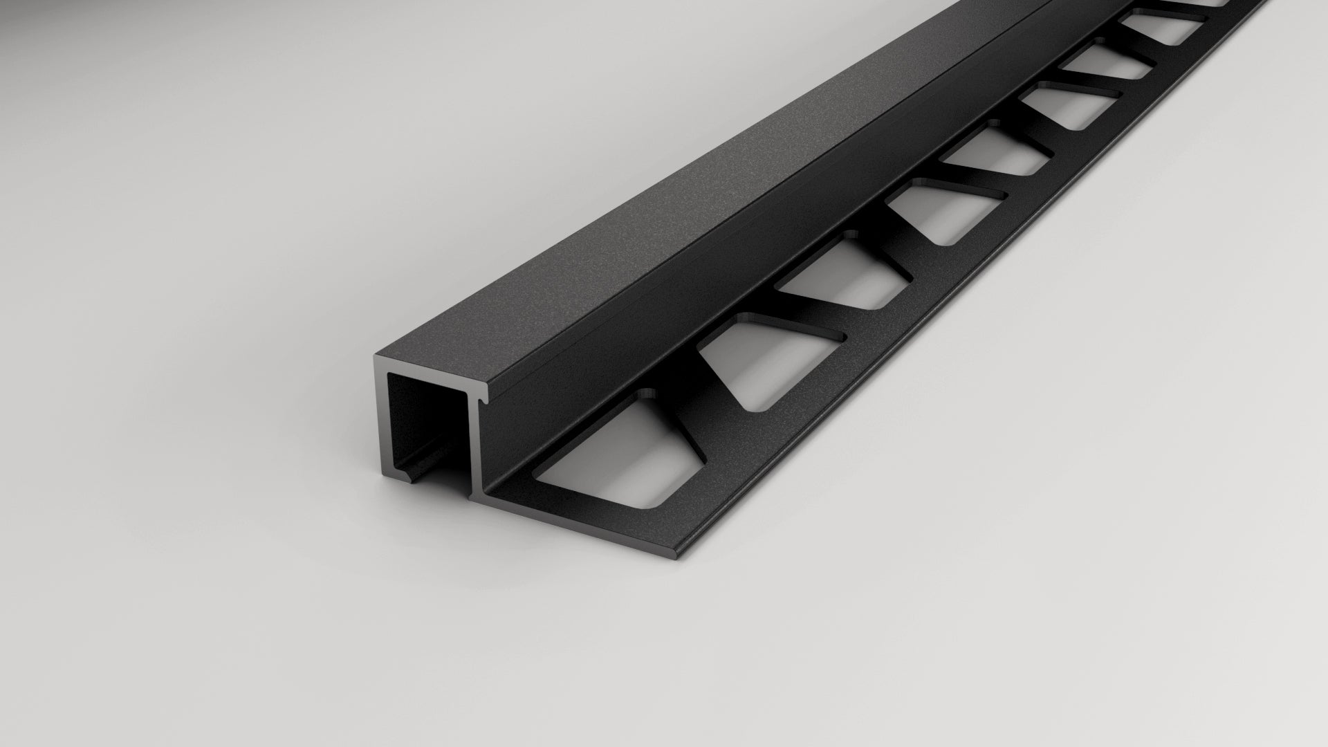 Aluminium-Fliesenprofil in Quadratoptik in der Oberfläche schwarz pulverbeschichtet mit gestanztem Schenkel.