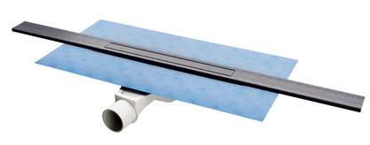 Komplettset der Duschrinne Pera mit Siphon und Dischtmanschette in der Oberfläche anthrazit geschliffen.