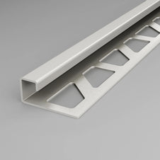 Edelstahl-Fliesenprofil in Quadratform in der Oberfläche glänzend mit gestanztem Schenkel.
