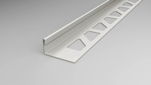 Winkelprofil Edelstahl - Fliesenprofil in L-Form in der Oberfläche glänzend mit gestanztem Schenkel.