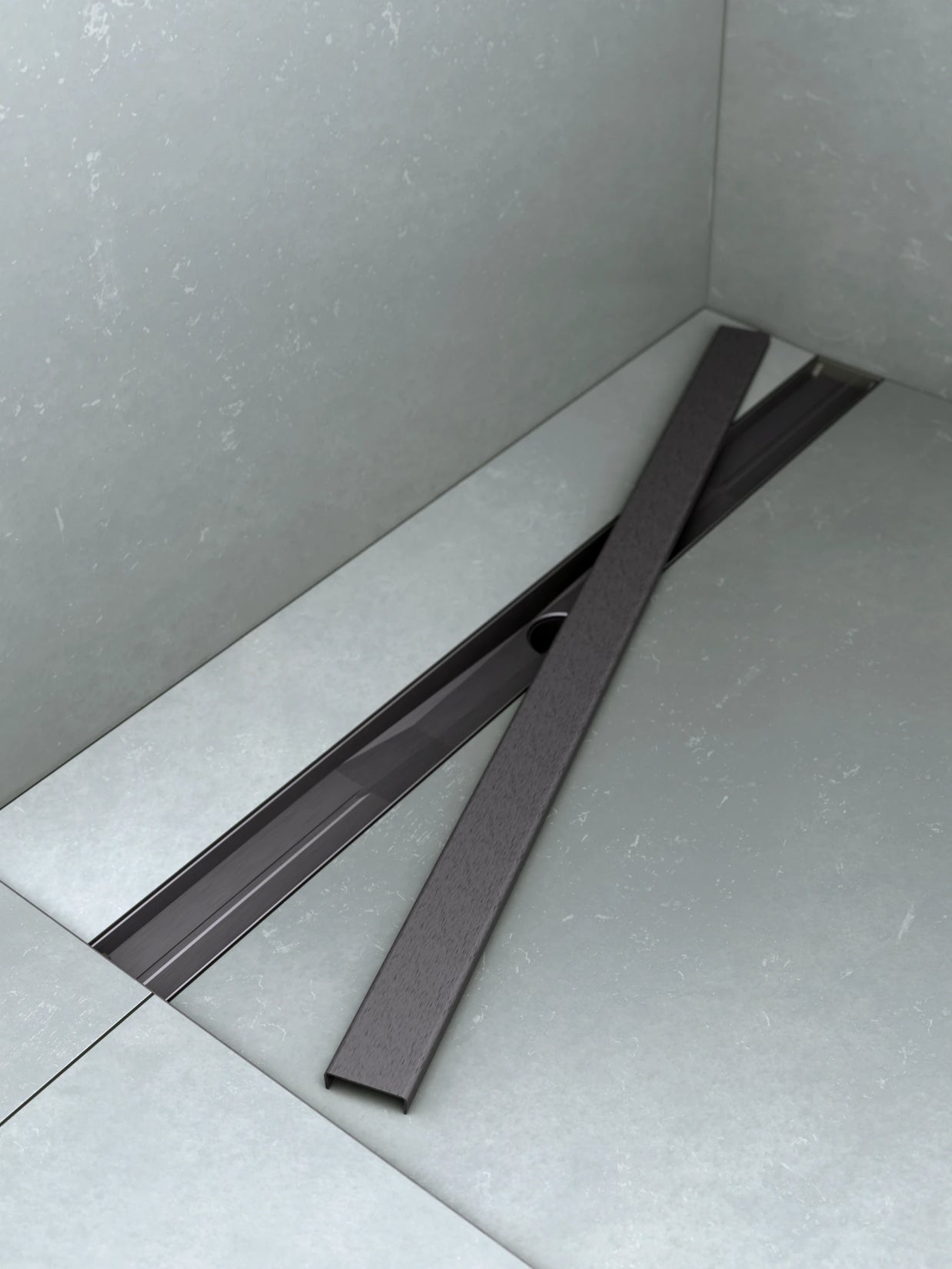 Gradlinige Edelstahl-Anthrazit-Optik der ARTstream Duschrinne als Alternative zum Fliesenfinish