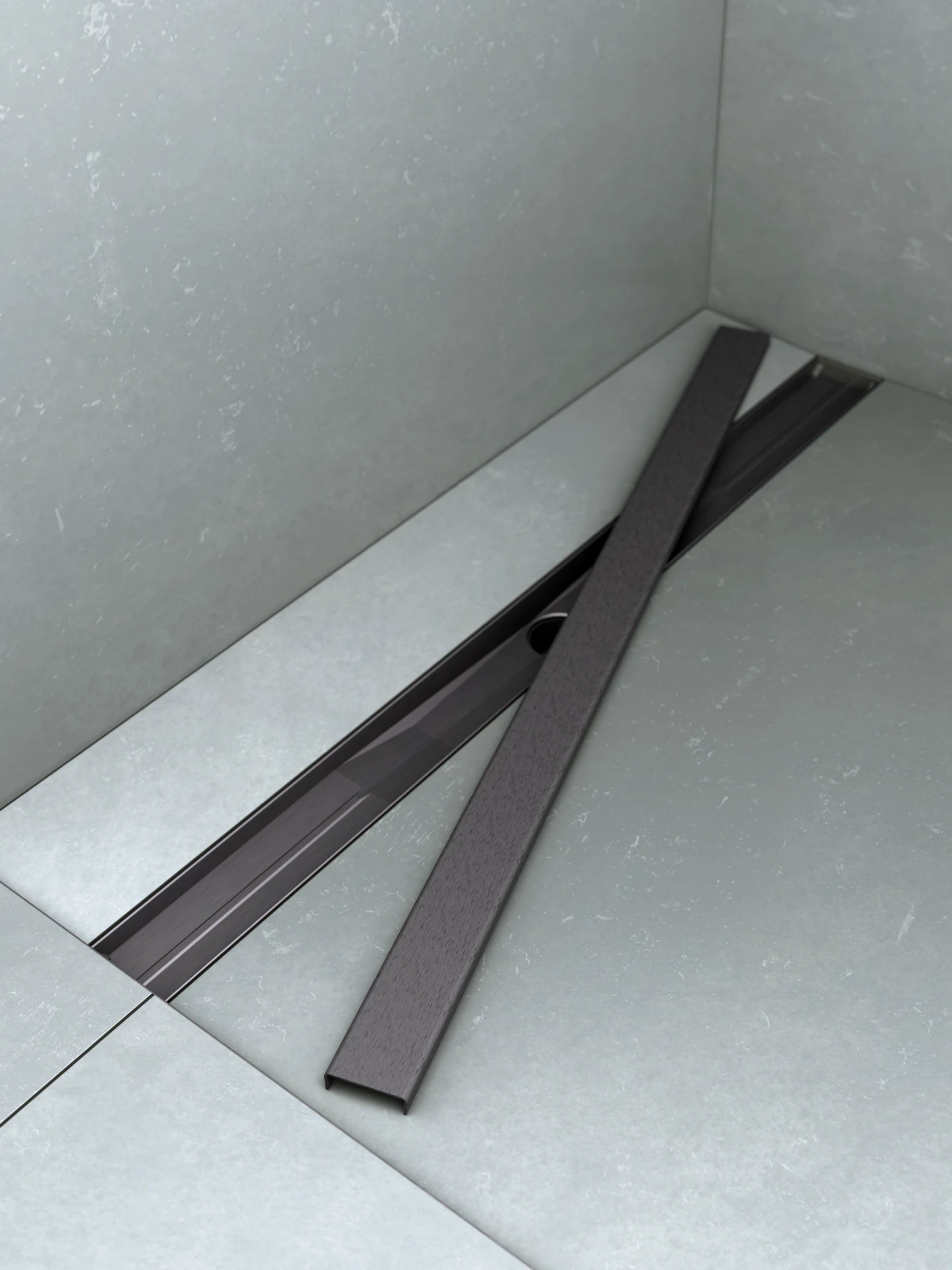 Gradlinige Edelstahl-Anthrazit-Optik der ARTstream Duschrinne als Alternative zum Fliesenfinish