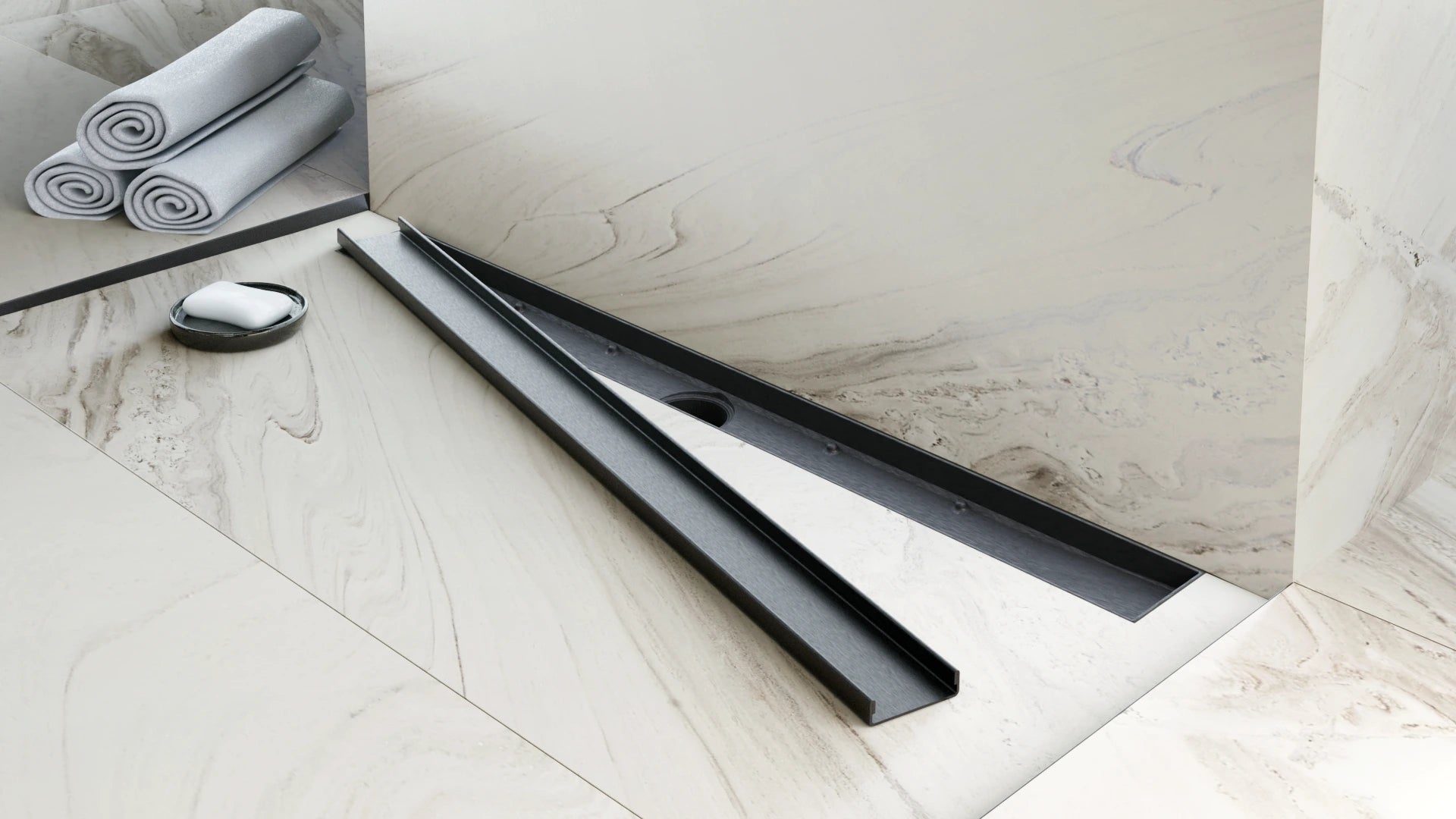 Detailaufnahme der offenen Linienentwässerung der ARTstream Edelstahl-Duschrinne, leicht zu reinigen