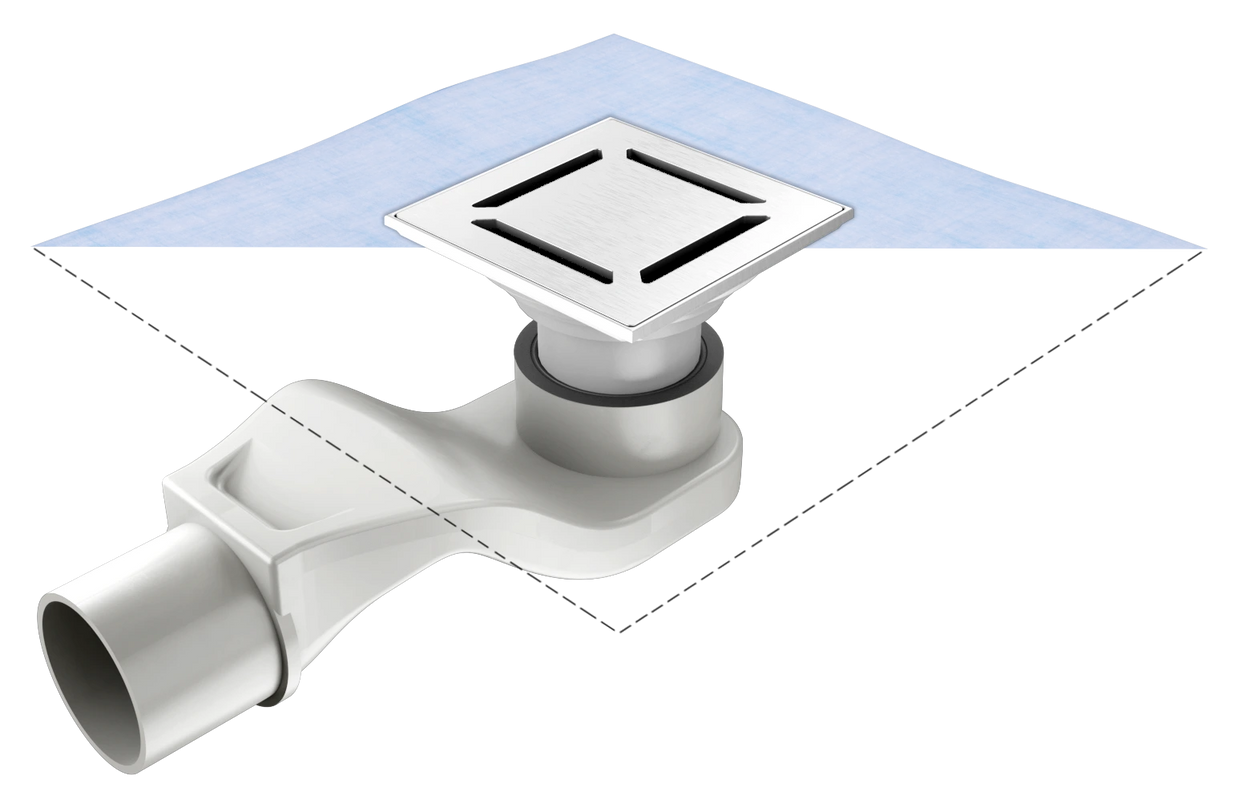 Flacher Bodenablauf mit vormontierter Dichtmanschette nach DIN 18534