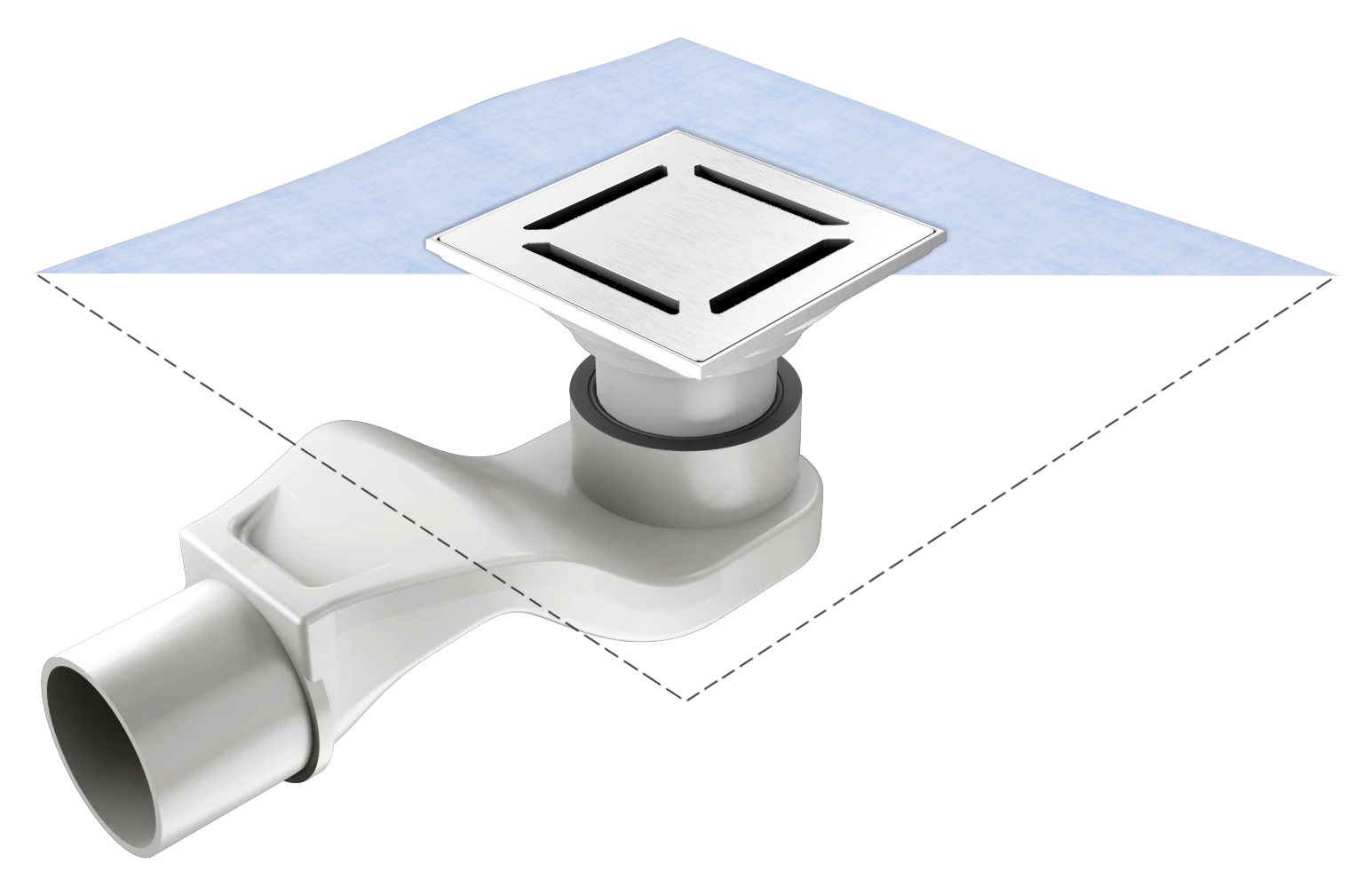 Flacher Bodenablauf mit vormontierter Dichtmanschette nach DIN 18534