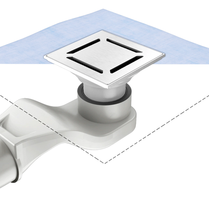 Flacher Bodenablauf mit vormontierter Dichtmanschette nach DIN 18534