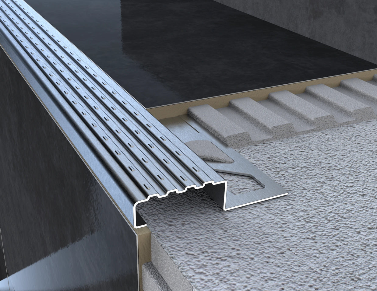 Edelstahl-Treppenprofil installiert auf Treppenstufe – maximale Trittsicherheit