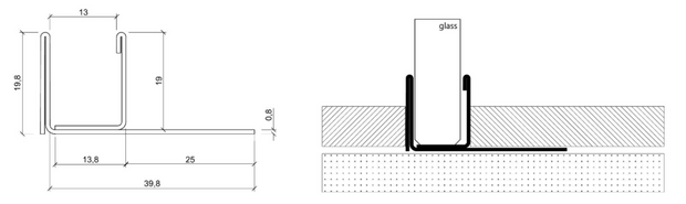 U-Glasträgerprofil aus Edelstahl in Anthrazit für 12-mm-Glasduschwände als technische Zeichnung