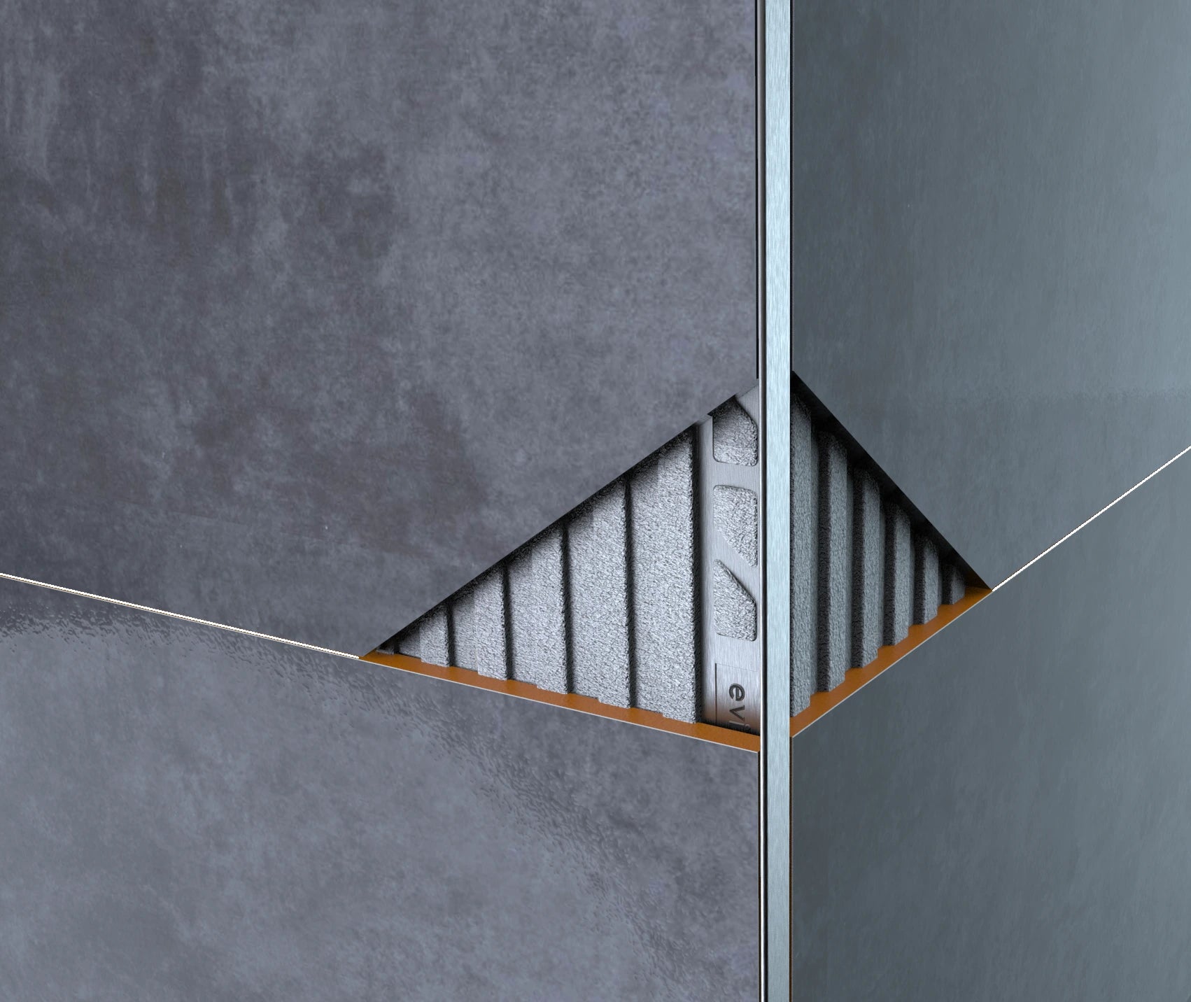 Glänzendes Edelstahl-Winkelprofil als Kantenschutz an gefliester Wandecke